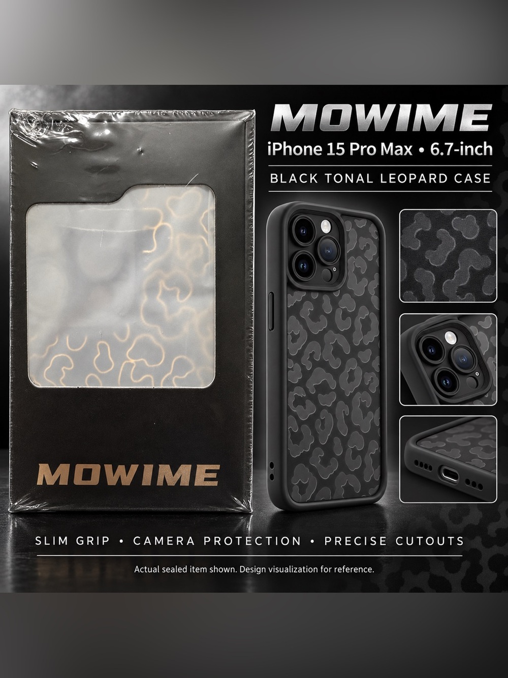 NEW MOWIME iPhone 15 Pro Max 6.7 Black Tonal Leopard Case